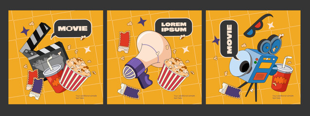 Banners about movies in retro style. Painted camera with tickets, a bucket of popcorn, a speaker and сlapper board on a bright background for your design. Text frame for main text. - obrazy, fototapety, plakaty