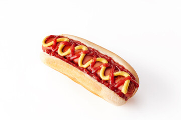 hot dog with ketchup and mustard, isolated on white background