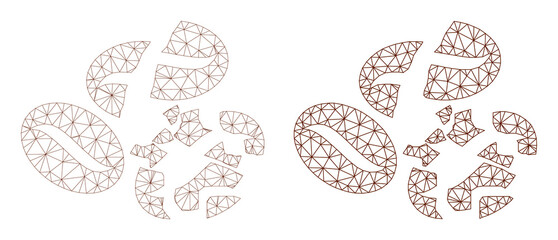 Polygonal mesh coffee bean crush icons. Flat model versions are created from coffee bean crush pictogram and mesh lines. Abstract lines, triangles and points are combined into coffee bean crush mesh. © Tensor Designs