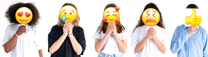 Photo collage of multiracial teenage friends holding cute images of different emotions. Concept of...