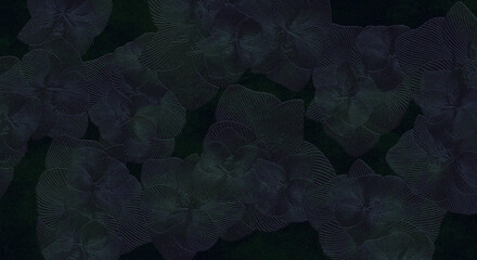 Tekstura z motywem kwiatu orchidei w odcieniach ciemnej zieleni i fioletu. Grafika cyfrowa przeznaczona do druku na tkaninie, ozdobnym papierze, tapecie.