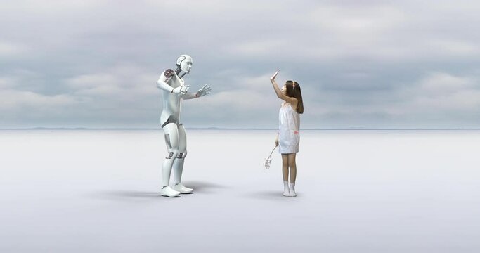 AI Robot Panicking After Cute Girl Offering Orchid Flower. Technology And People Related 3D Concept.