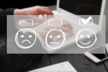 Smile happy business face icon on business women working on laptop background.