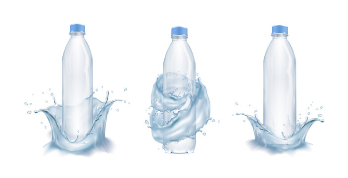 3d realistic vector icon set. Plstic water bottles with water splash. Isolated on white background.