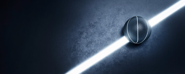 Basketball ball laying on bright glowing line, template background.
