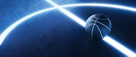 Modern Basketball and glowing lines on play field. Abstract theme of ball sport equipment. Neon...