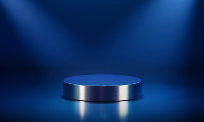 Blue colour low round empty podium lit by spotlight. 3d computer graphic template of displaying place for your products. Blank template.