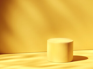 Cylindrical pedestal, scene with rippled sunny water texture. 3d computer graphic template of...