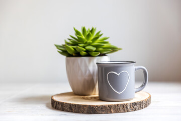 Echeveria in a corrugated white ceramic pot and grey coffee cup with heart on a wooden tray against a white wall on which the shadow of the plant. Copy space