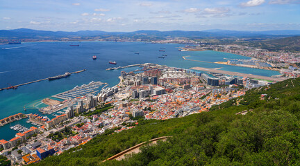 Aerial view of the city center of Gibraltar, an Overseas Territory of the United Kingdom located in the South of Spain in the Mediterranean Sea