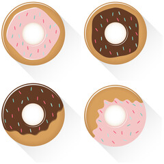 Fototapeta premium Set of cartoon colorful Sweet donut with glaze, isolated on white background. Vector flat illustration