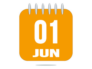 1 day of the month. 1 June. Yellow calendar daily icon.
