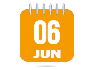6 day of the month. 6 June. Yellow calendar daily icon.
