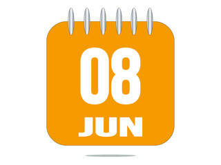 8 day of the month. 8 June. Yellow calendar daily icon.