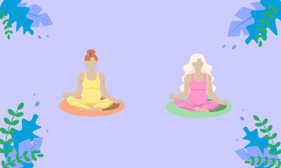 two pregnant girls, in faceless style with red and blond hair in yellow and pink suits, sit in a lotus position and do yoga.