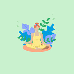 a faceless pregnant girl with red hair in a yellow suit sits in a lotus position and does yoga.