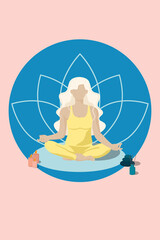faceless style girl with blond hair in a yellow suit sits in a lotus position and does yoga.