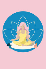 a faceless style girl with closed eyes with pink hair in a yellow suit sits in a lotus position and does yoga.