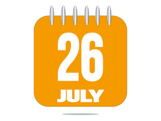 26 day of the month. 26 July. Yellow calendar daily icon.