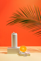 White painted can with ice, orange fruit and tropical palm leaf on product podium. Summer drink minimal concept.