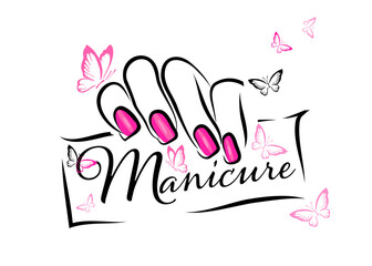 Woman's lips nails silhouette illustration. Vector Icon business sign template for Beauty Industry, Nail Salon, Beauty Salon, Manicure, Spa Boutique, Cosmetic procedures, Cosmetic labeling. Editable