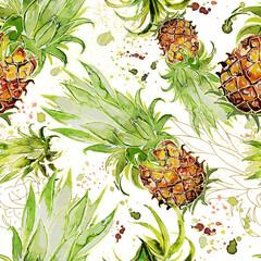 Pineapple Watercolor Fresh Vector Seamless Pattern Textile Design