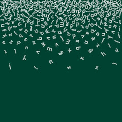 Falling letters of English language. Childish chalk flying words of Latin alphabet. Foreign languages study concept. Powerful back to school banner on blackboard background.