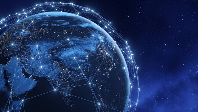 Tech earth globalization in 3d animation. Global Business dots on rotating planet.