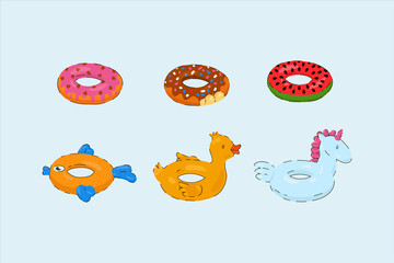 A set of cartoon swimming rings. Rubber toys for playing in the pool, cute watermelon, donuts, unicorn duck. Colorful lifebuoys. Vector illustration