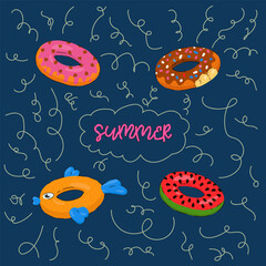 Set of Swimming cartoon circles for the sea. Rubber toys for pool games, donuts, fish, watermelon. A postcard with lifebuoys for summer swimming. Vector illustration