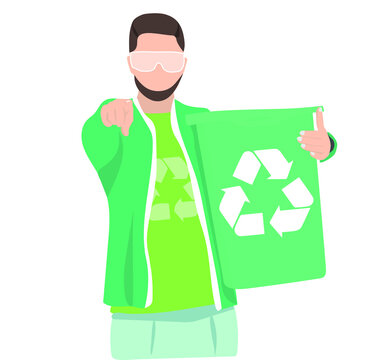 Man holding trash bin with symbol of recycling on white background