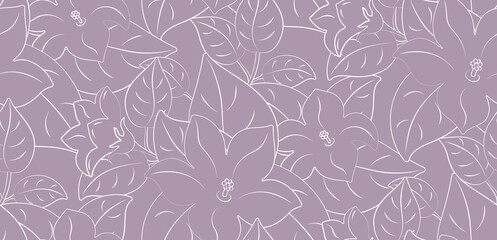 Vector seamless pattern with beautiful flowers. Minimalist line art on the pink lavender background. Floral pattern. Can be used for wallpaper, gift wrapping, fabric and other