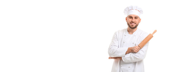 Handsome male chef on white background with space for text