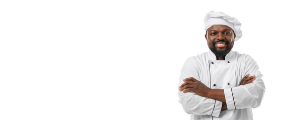 Handsome male African-American chef on white background with space for text