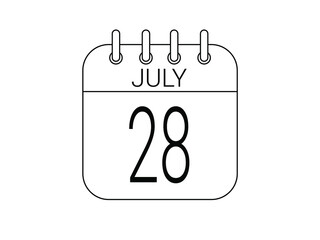 Day 28 July. Simple 28 black calendar icon with white background.