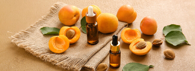 Bottles of apricot essential oil on color background