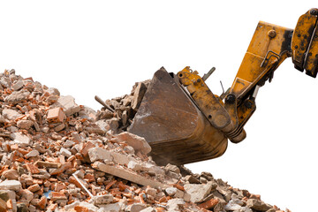 Fototapeta premium Frontal hydraulic loader forms a pile of construction debris with a bucket. Pile of broken red brick, shards of tiles and concrete, isolated on white background