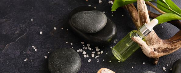 Plakat Bottle of essential oil, spa stones and sea salt on dark background, top view