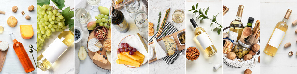 Set of natural wine with delicious snacks on light background, top view