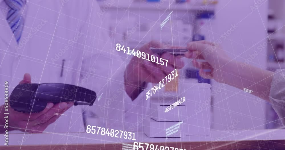 Poster Animation of financial data processing over man using payment terminal