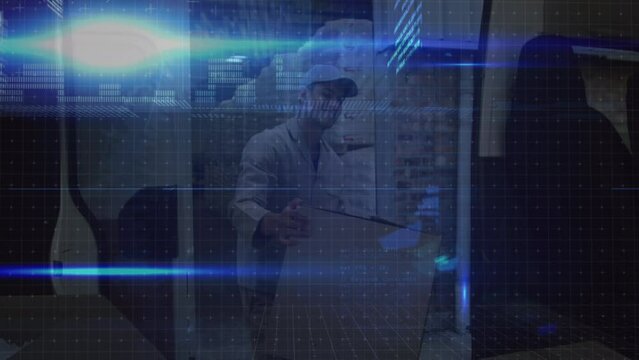 Animation of digital interface over caucasian warehouse worker