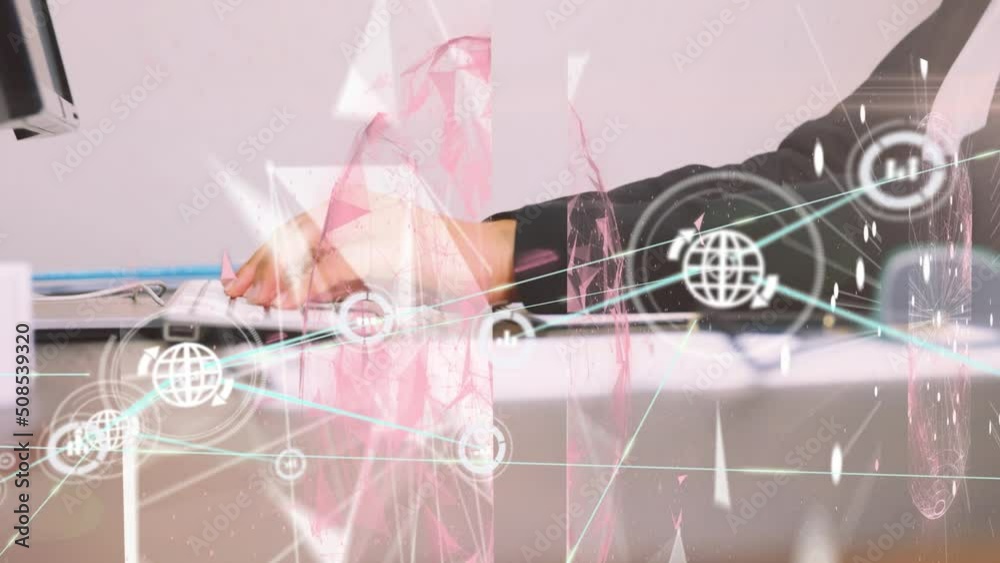 Poster animation of network of connections with icons over caucasian businessman using computer