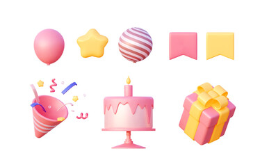 Items for a birthday party. Gift with cake, festive poppers with confetti. 3d rendering illustration