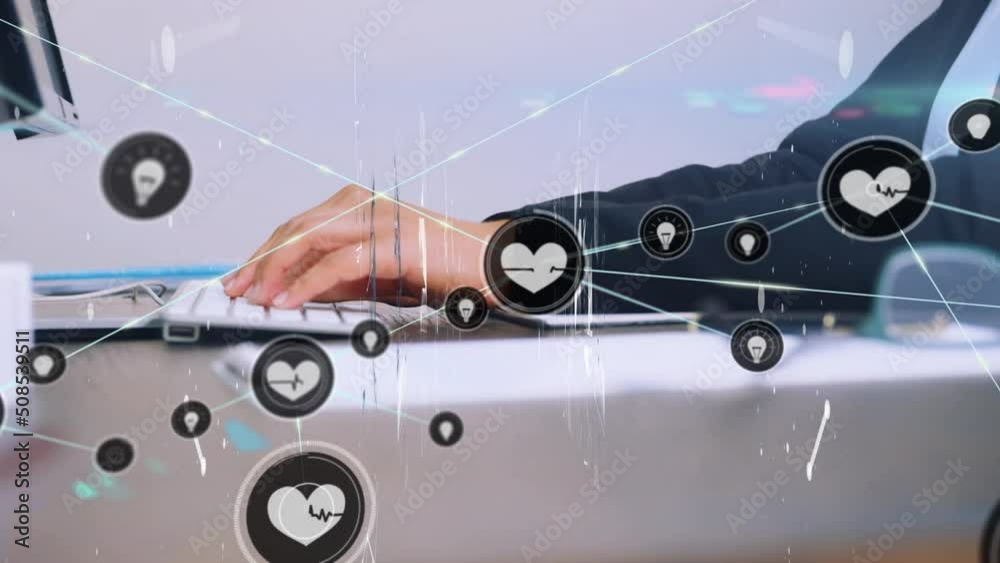 Poster animation of network of connections with icons over caucasian businessman using computer