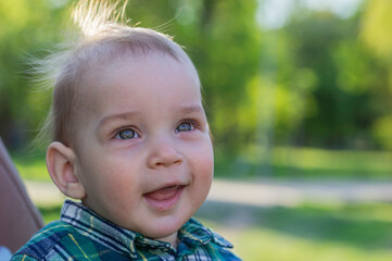 Portrait of a child in the summer in the park. Little boy close up.