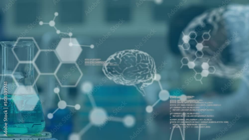 Poster animation of data processing over scientist in lab