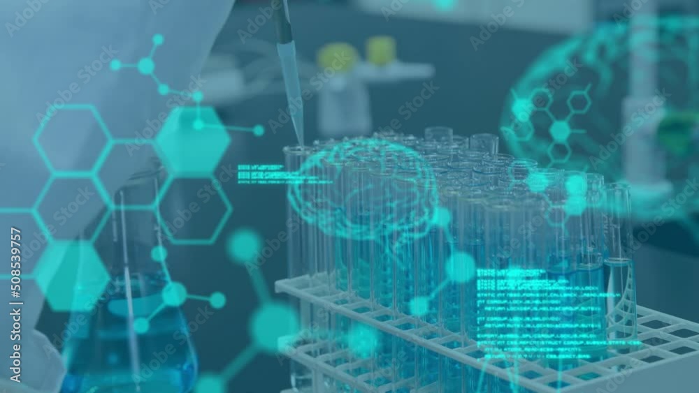 Poster animation of data processing over scientist in lab