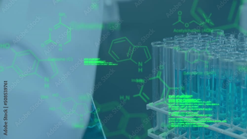 Poster animation of data processing over scientist in lab