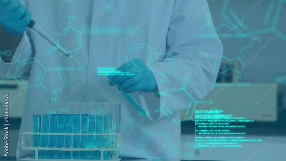 Poster animation of data processing over scientist in lab