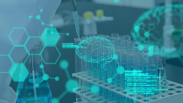 Animation of data processing over scientist in lab